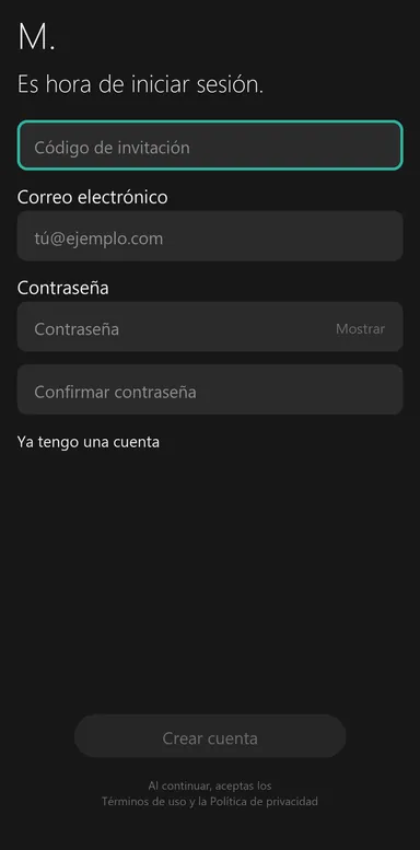 Pantalla de crear cuenta de Minute con código de invitación, correo y contraseña