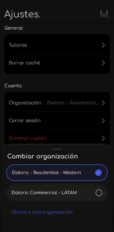 Ajustes de Minute con el menú Cambiar organización abierto